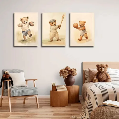 Vista 5 de 3 Piezas Arte de Pared en Lienzo de Animales Osito de Peluche Deportivo para Cuarto de Bebé Lindo Oso Bebé del Bosque Rugby Decoración de Pared