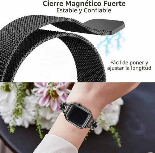 Vista 4 de Joyozy Correa delgada de metal compatible con Apple Watch de 38mm 40mm 41mm 42mm 44mm 45mm 46mm 49mm, correa magnética delgada con adornos