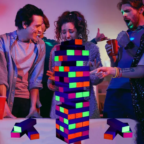 Vista 6 de Ahuimeius Juego de 54 piezas de torre gigante para exteriores, juego de torre que brilla en la luz negra, juego de mesa al aire libre para adultos