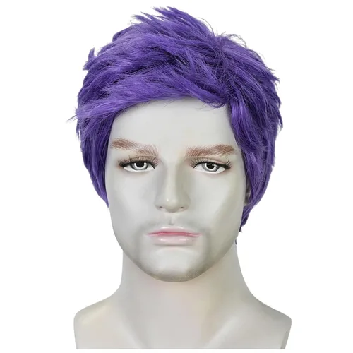Vista 2 de Peluca morada para hombre, corta, recta, en capas, peluca morada, resistente al calor, reemplazo de cabello sintético Púrpura