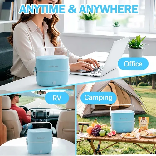 Vista 5 de Electric Cooking Lunch Box, 270W Portable Food Warmer 33.8 Oz, 304 Stainless Steel Inner Double-layer Design, Cool-touch Handle, One-key Start