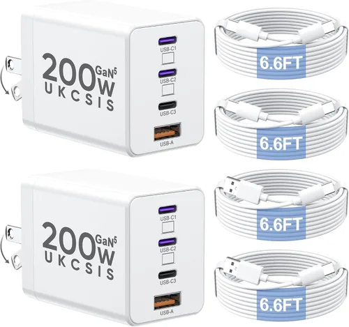 Vista 10 de Bloque de cargador USB C de 200 W, cargador plegable GaN5 súper rápido de 4 puertos USB C, bloque de carga dual de 65 W tipo C, adaptador de carga