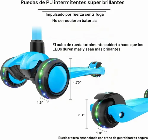 Vista 5 de Allek - Kick Scooter B03. Monopatín de 3 ruedas con ruedas de PU extra anchas y luminosas, sistema Lean 'N Glide, manillar ajustable a cualquier