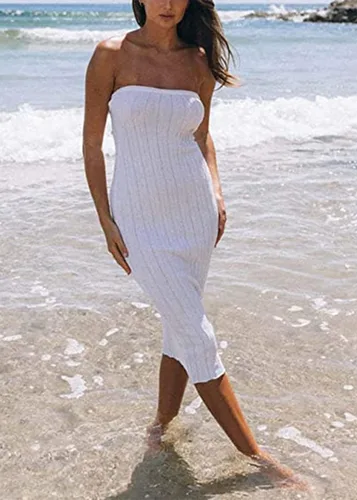 Vista 3 de SAFRISIOR Falda larga de punto sólido para mujer, falda midi, elástica, sin tirantes, bodycon, salida de baño, vestido de fiesta