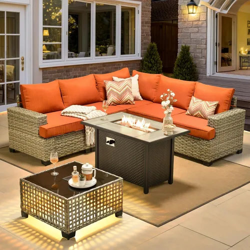 Vista 89 de HOOOWOOO Juego de muebles seccionales de patio con mesa de luz solar, 6 piezas de mimbre para exteriores, sofá en forma de L, juego de conversación