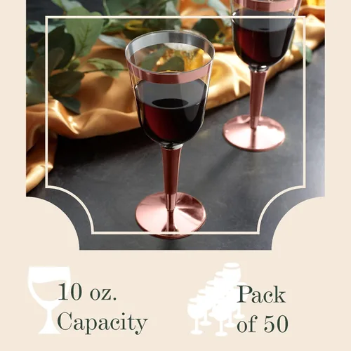 Vista 4 de 50 copas de vino desechables de plástico con borde de oro rosa, tamaño grande, 9.98 oz. BloominGoods - Vasos para bodas y eventos