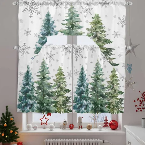 Vista 10 de Cortinas de cocina con cenefa de árbol de Navidad, cenefa con bolsillo para barra, paneles de cortina para dormitorio, sala de estar, baño Árbol
