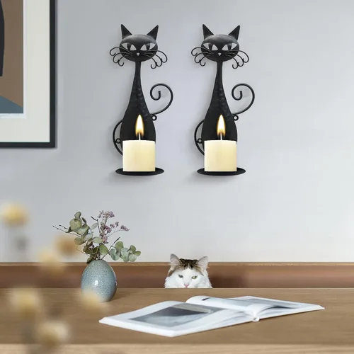 Vista 2 de Candelabro de pared de gato de metal negro para velas de pilar velas LED sin llama (2 gatos)