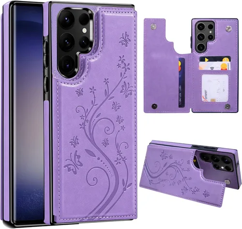Vista 19 de Korecase - Funda tipo cartera para Samsung Galaxy S23 con tarjetero y tarjetero de piel sintética, diseño de mariposas y flores, color azul