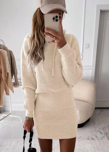 Vista 2 de PRETTYGARDEN Suéter de punto acanalado de invierno para mujer, vestido de otoño de manga larga con capucha