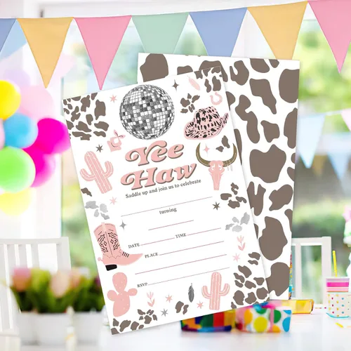 Vista 3 de 20 juegos de invitaciones para fiesta de cumpleaños de vaquera Yee Haw con sobres, bola disco occidental de doble cara impresa, tarjetas