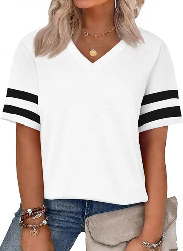 Vista 94 de Eytino Blusas de talla grande para mujer, cuello en V, manga corta, a rayas, casual, holgada, con bolsillo (1X-5X)