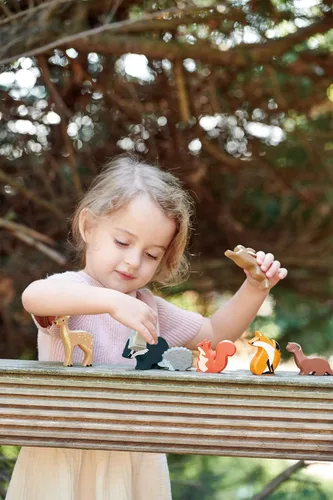 Vista 5 de Tender Leaf Toys Animales del bosque – 8 animales del bosque de madera con un estante de exhibición – Juguete clásico para juego de simulación