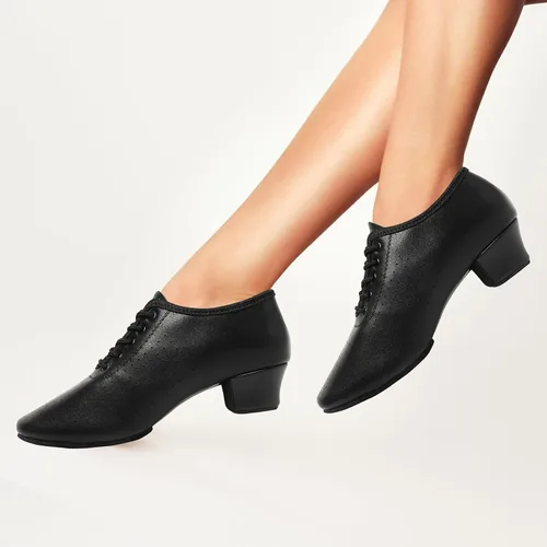 Vista 8 de foralod Zapatos de baile para mujer, zapatos de jazz negros con cordones, tacones profesionales de baile latino, zapatos de baile de salsa de salón