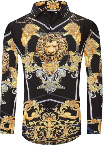 Vista 4 de Deer Lady Camisa de vestir estampada de lujo para hombre, camisas de manga larga con botones