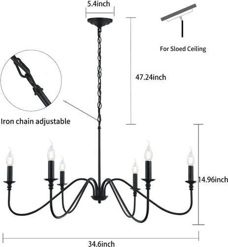 Vista 2 de Candelabro negro, 6 luces rústicas industriales de hierro para comedor, accesorios de iluminación colgantes, velas colgantes, pasillo, sala
