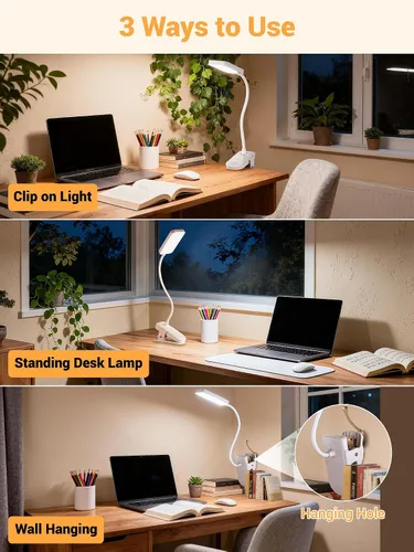 Vista 7 de Lámpara con Pinza, 9 Niveles de Brillo + 5 Colores Luz con Abrazadera, Lámpara de Escritorio Recargable con Batería de 4000mAh con Pinza, 450