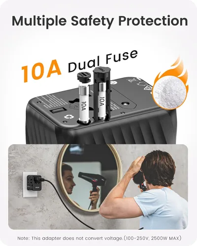 Vista 5 de LENCENT Adaptador de corriente de viaje universal, adaptador de enchufe de CA internacional con 5.6A 3 USB C 2 puertos USB A cargador de pared