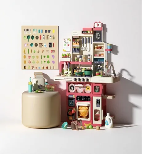 Vista 2 de Serena&Jewel Juego de cocina con 63 piezas, juego de accesorios de juguete con sonidos reales y luz, fregadero de juego, estufa de cocina con vapor