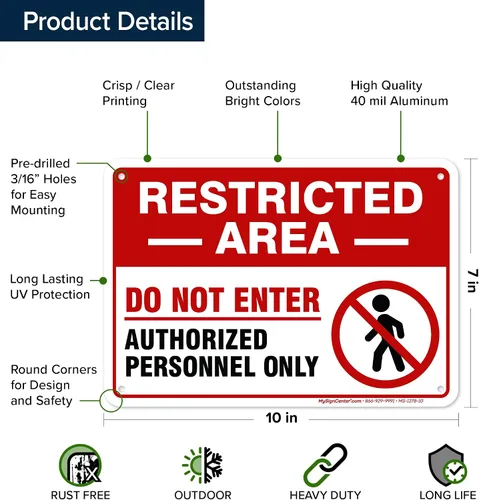 Vista 6 de Señal de área restringida de no entrar solo personal autorizado, (MS-1278) 10 x 7 pulgadas, aluminio 040 libre de óxido, resistente a