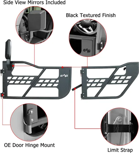 Vista 3 de EAG Puerta tubular Safari con espejo lateral para Wrangler JL 2018-2022 solo 4 puertas
