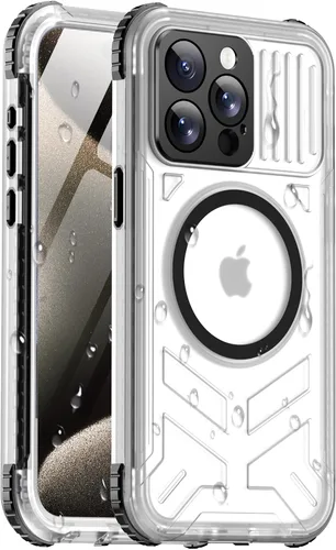 Vista 21 de Funda impermeable para iPhone 15 con Magsafe, protector de pantalla, cordón, IP68 militar de cuerpo completo a prueba de golpes, para deportes Negro