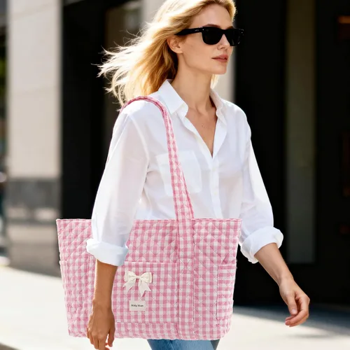 Vista 3 de Two Sets of Quilted Gingham Tote BagsBlack&Blue