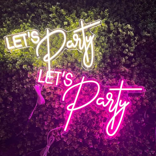 Vista 2 de Letrero de neón con texto en inglés «Let's Party», «Large Lets Party», letrero de luz LED de neón para decoración de pared, decoración de fiesta