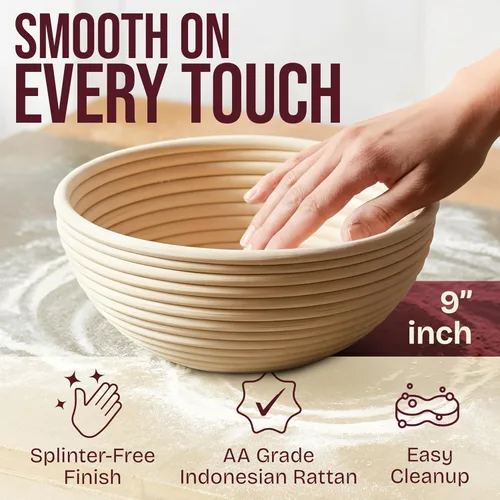 Vista 3 de Juego de cestas para fermentación de pan Superbaking Banneton de 2, cestas redondas de 22.86 cm de ratán sin astillas con forros, kit de inicio
