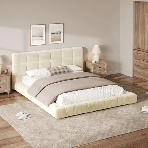 Vista 4 de Base de cama tapizada de terciopelo con cabecera capitoné de canal, cama de perfil bajo tamaño Queen con soporte de listones resistente, no necesita