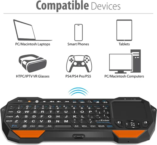 Vista 5 de Fosmon Mini teclado Bluetooth (teclado QWERTY), inalámbrico, portátil, con panel táctil, compatible con Apple TV, Amazon Fire Stick, PS4, PS4 Pro