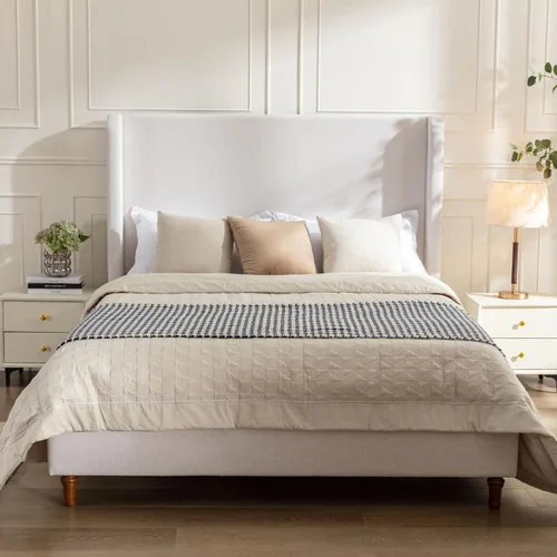 Vista 21 de Base de cama tapizada tamaño Queen, cabecera acolchada de 54" con respaldo geométrico, plataforma tapizada para dormitorio de niños, adolescentes