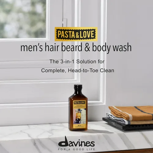 Vista 2 de Davines Pasta & Love Hair Beard & Body Wash, limpiador hidratante 3 en 1, elimina suavemente las impurezas y suaviza el cabello y la piel sin