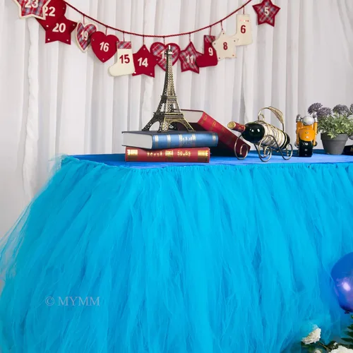 Vista 5 de Falda para mesa de tutú de tul, decoración de mesa rectangular o redonda para fiesta de boda, dama de honor, hermana, disfraz, moda de lujo Tutu-azul