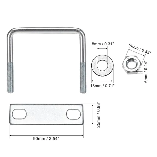 Vista 7 de uxcell Pernos cuadrados en U de 1 "(25 mm) de ancho interior de acero al carbono M8 con tuercas, placa de marco, arandelas redondas, juego de 4
