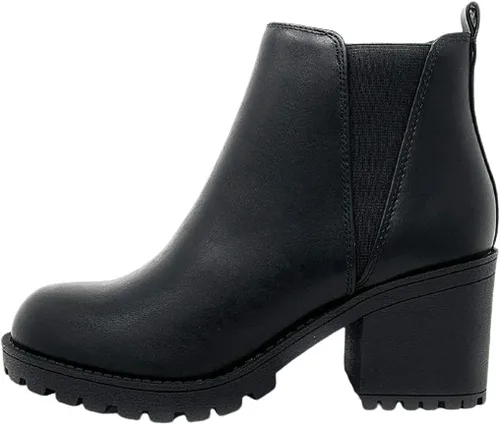 Vista 3 de Soda Botines de tacón grueso con suela de almendra para mujer, Poliuretano negro