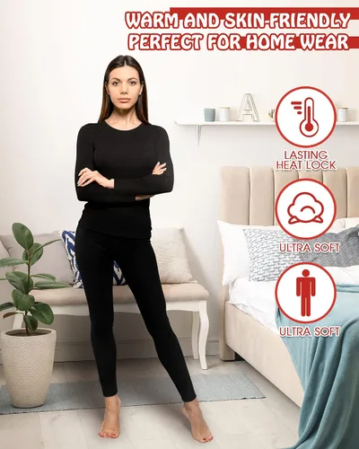 Vista 6 de Conjunto de ropa interior térmica con forro polar para mujer, capa base larga para invierno, clima frío, suave, cálido, parte inferior