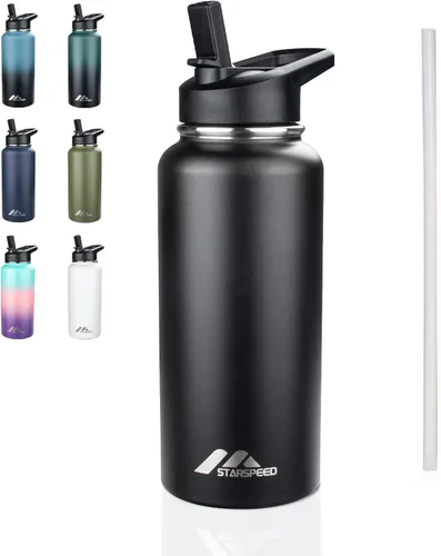 Vista 16 de StarSpeed Botella de agua aislada de 32 onzas con tapa con pajilla, botella de agua al vacío de doble pared de acero inoxidable, botella de agua