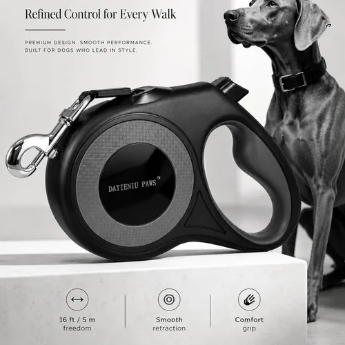 Vista 3 de Correa retráctil para perro, cinta de nailon fuerte de 16 pies, puntada reflectante para caminar por la noche, freno con una sola mano, mango Negro
