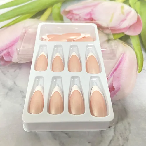 Vista 5 de Uñas postizas largas a presión de almendra, uñas postizas Aurora con punta francesa, 24 unidades, naturales, brillantes, cobertura completa