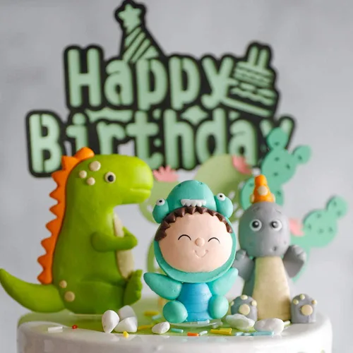 Vista 5 de Juego de 9 adornos para tartas con temática de dinosaurio, dinosaurios, cactus y decoración de pastel de feliz cumpleaños
