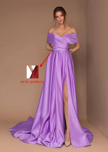 Vista 4 de BONOYUER Vestido de fiesta de satén con hombros descubiertos para mujer, largo y con abertura alta, acampanado, vestido de noche formal con bolsillos