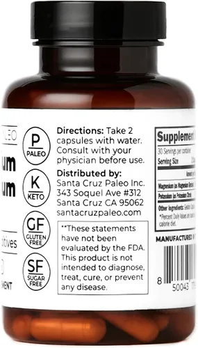 Vista 7 de Santa Cruz Paleo Cápsulas de Magnesio + Potasio, Suplemento para Hombres y Mujeres, Paleo, Keto, Sin Azúcar y Gluten, 166mg de Glicinato de Magnesio