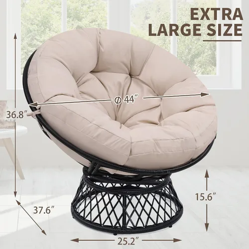 Vista 2 de KROFEM Silla Papasan Gigante de Ratán Ergonómica Extragrande de 46" con Cojín Suave y Grueso para Adultos, Giro Fluido de 360°, Resistente al Agua