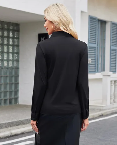 Vista 2 de siliteelon Camisa de manga larga con botones para mujer, estilo casual, para el trabajo, con elástico en 4 direcciones, sin arrugas