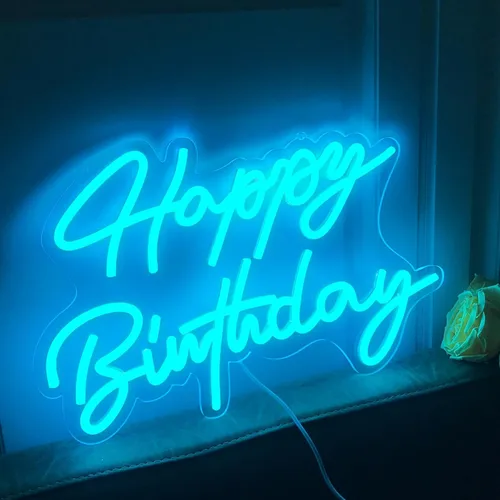 Vista 23 de Letrero de neón de feliz cumpleaños, reutilizable, luz LED azul de neón, decoración de fiesta de cumpleaños, funciona con USB, decorativo para telón
