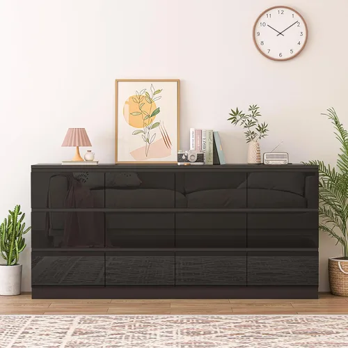 Vista 3 de Cómoda de 12 cajones con estación de carga, cómoda grande moderna con 12 cajones sin asas, cómoda de almacenamiento de madera para dormitorio, sala
