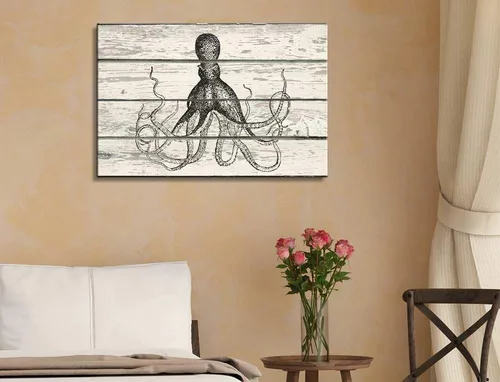 Vista 2 de wall26 - Boceto de un pulpo sobre un fondo de madera rústico - Arte en lienzo para el hogar - 16 x 24 pulgadas