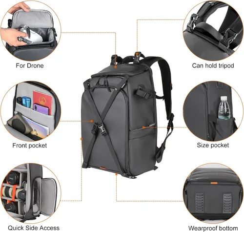 Vista 4 de Besnfoto Mochila impermeable para cámara DSLR/SLR sin espejo, bolsa de fotos para hombres con compartimento para computadora portátil para viajes