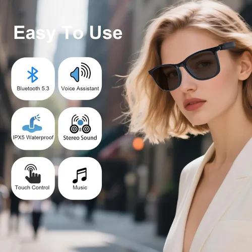 Vista 3 de Quaoar Lentes de audio Bluetooth inteligentes con doble altavoz, micrófono de oído abierto, disparo remoto, asistente de voz para mujeres/hombres